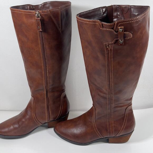 DR SCHOLLS Brown Faux Leather Wide Calf Women's Riding Boot 8.5M 1.5" Heel - Picture 2 of 16